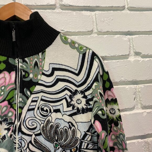 Custo Barcelona Jacket Sweater Multicolor Sz S Full Zip Art Beaded Floral Unique - Picture 13 of 16